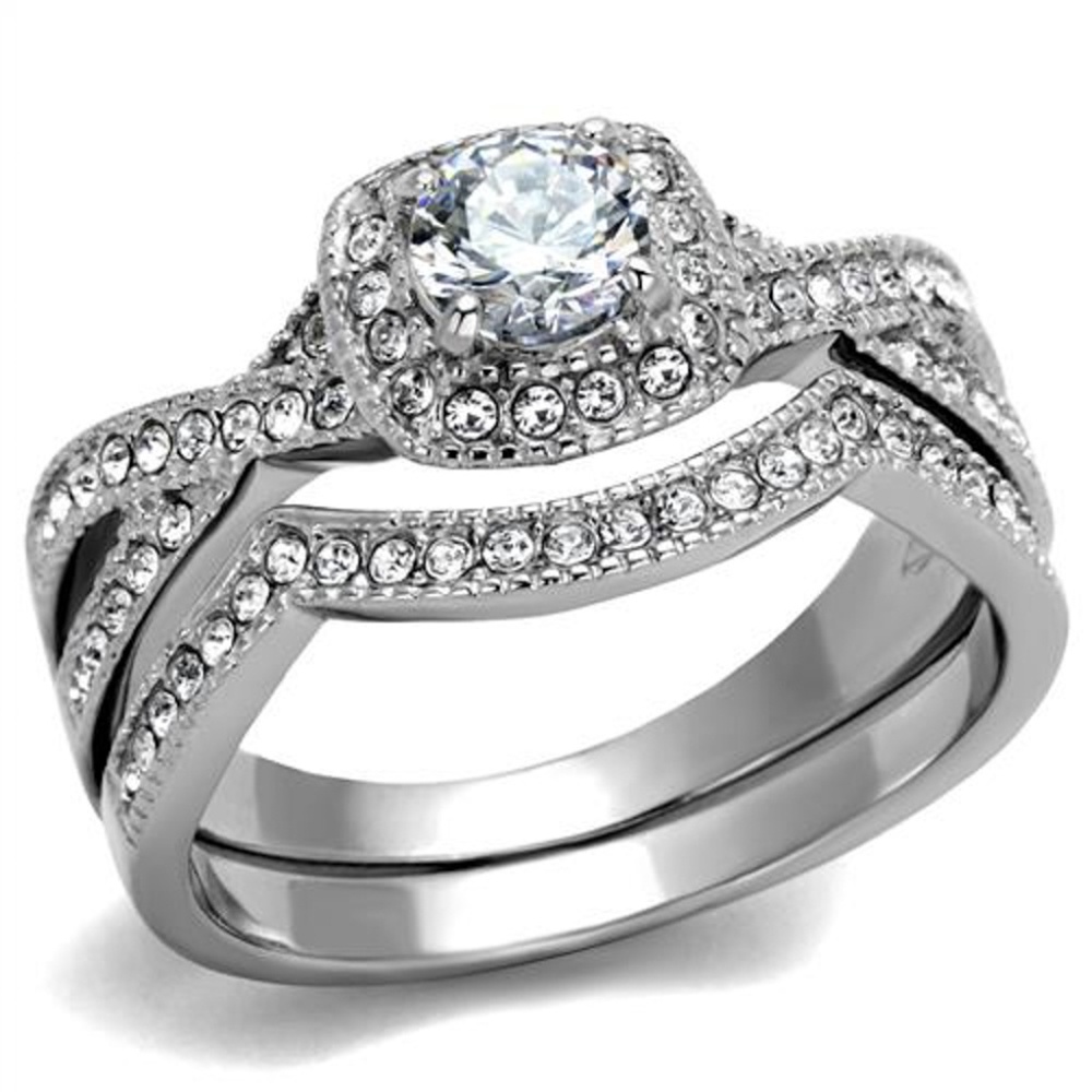 Stainless Steel & Cubic Zirconia Wedding Ring Set